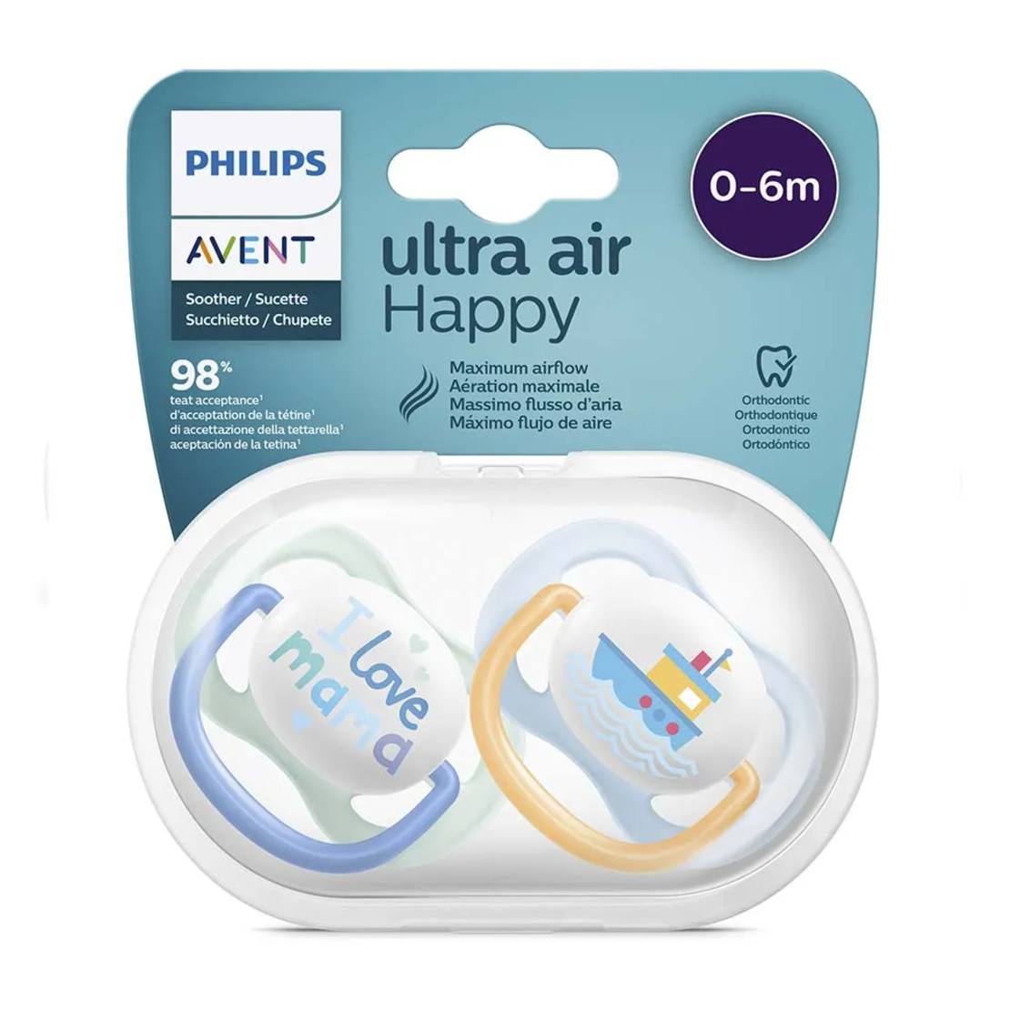 Philips AVENT SCF080 Комплект 2 Броя Ортодонтични Залъгалки Ultra Air Animals 0-6м+ Декорация Надпис и Лодка в Кутия за Стерилизиране