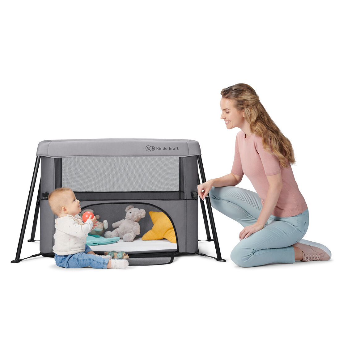  Бебешка кошара сгъваема KinderKraft MOVI, Дърво/Сиво 
