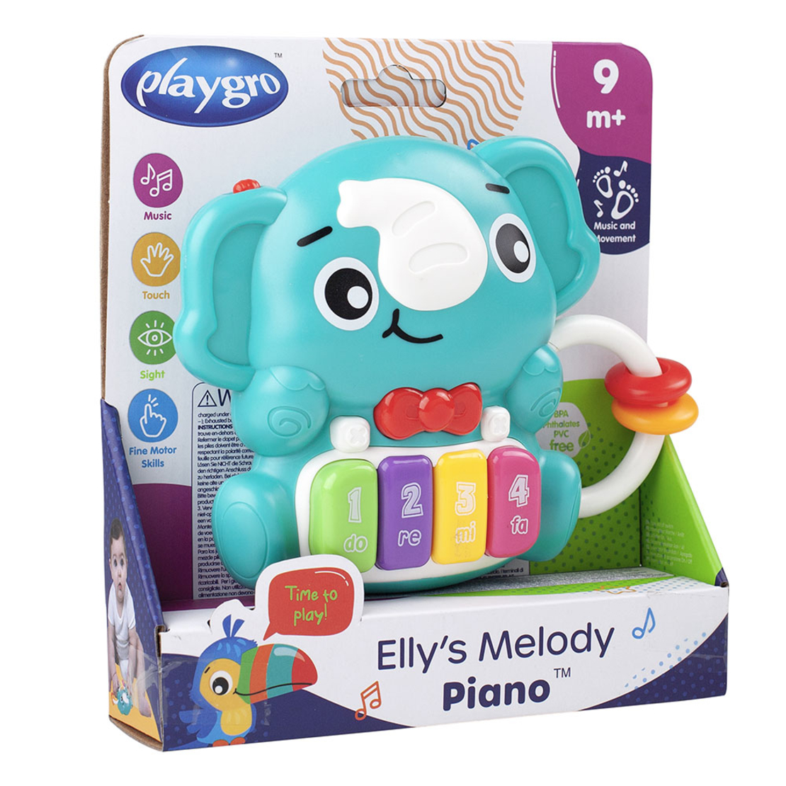 Playgro Elly's Melody Piano Музикална играчка от Забавен Образ на Слонче и Цветни Клавиши с 4 Мелодии и 5 Забавни Звука Удобна Дръжка с Цветна Мъниста