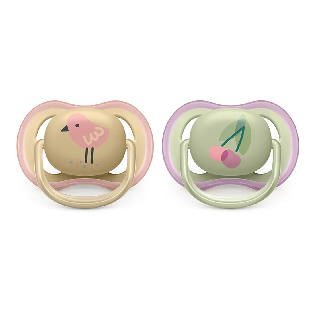 Philips AVENT SCF085/13 Комплект 2 Броя Ортодонтични Залъгалки Ultra Air 0-6м+ Декорация Череши и Птица в Кутия за Стерилизиране