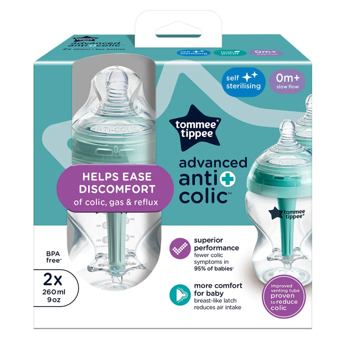 Tommee Tippee Advanced Anti-Colic+ 260 мл Комплект от 2 броя Самостерилизиращи се Бебешки Шишета за Хранене и Система за Намаляване на Коликите