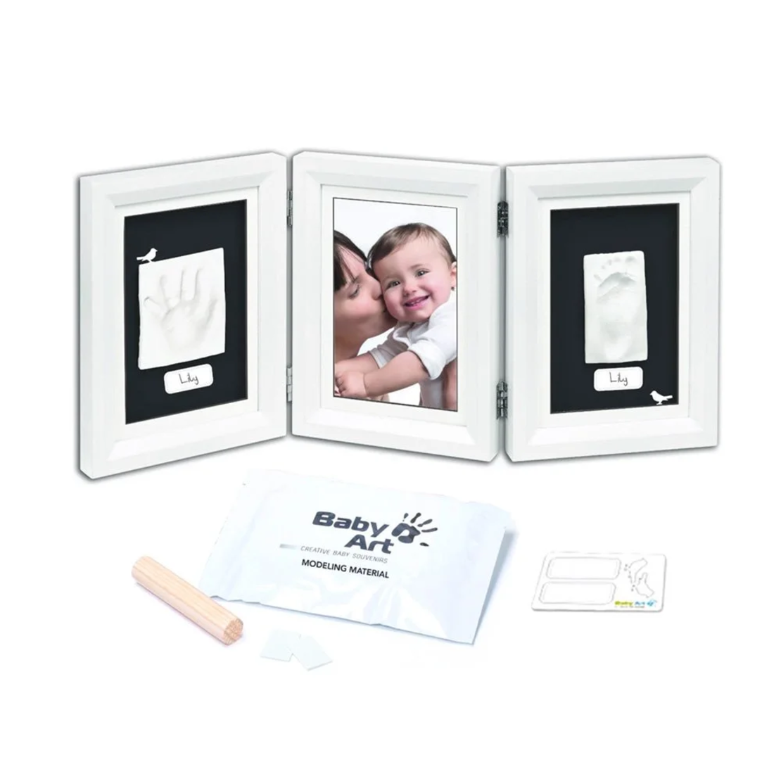 BABY ART ДЪРВЕНА ФОТО РАМКА ОТ 3 ЧАСТИ ЗА 2 ОТПЕЧАТЪКА И СНИМКА MY BABY TOUCH ОТ СЕРИЯТА TIMELESS CLASSIC НА БЯЛА РАМКА С БЯЛО ПАСПАРТУ