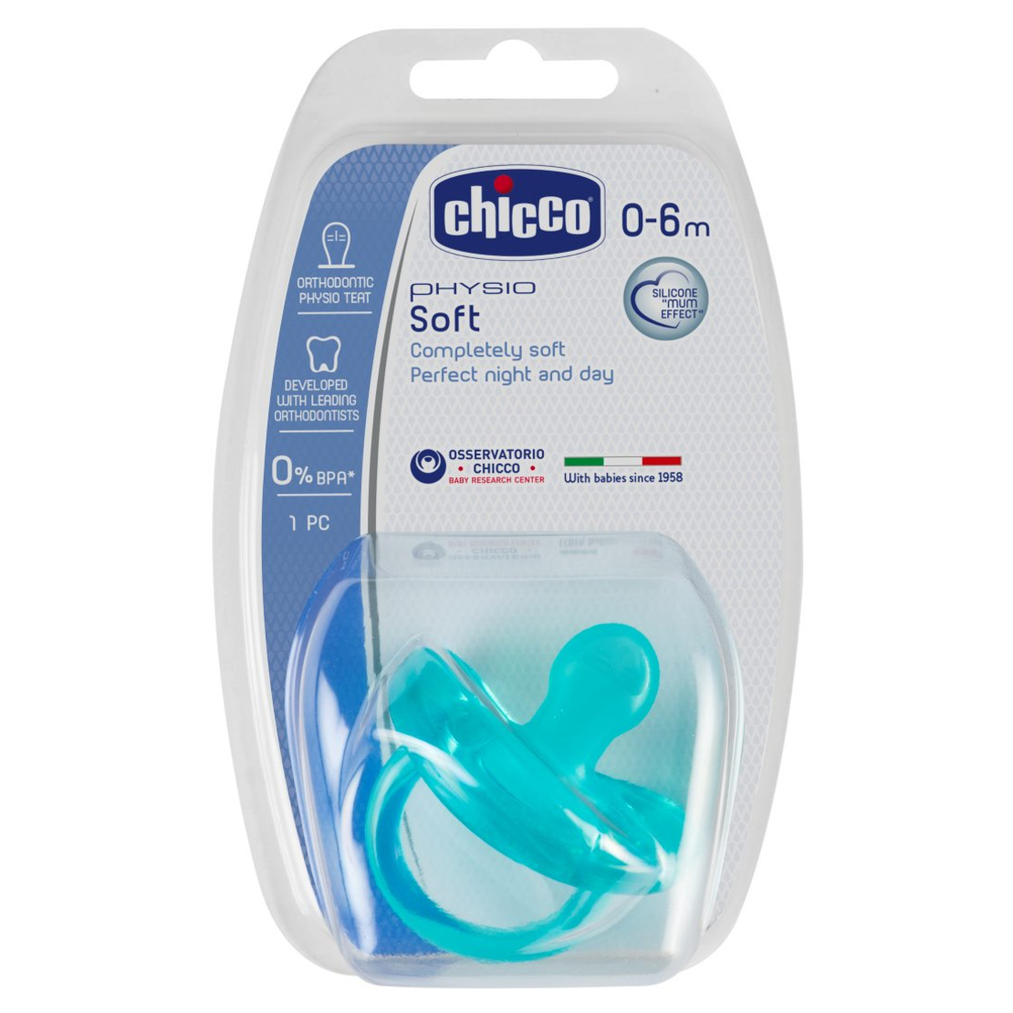 CHICCO Силиконова залъгалка PhysioForma Soft 0-6м. за  момче синя