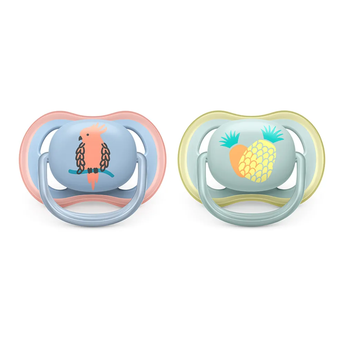 Philips AVENT SCF085/12 Комплект 2 Броя Ортодонтични Залъгалки Ultra Air 0-6м+ с Декорация Папагал и Ананас в Кутия за Стерилизиране