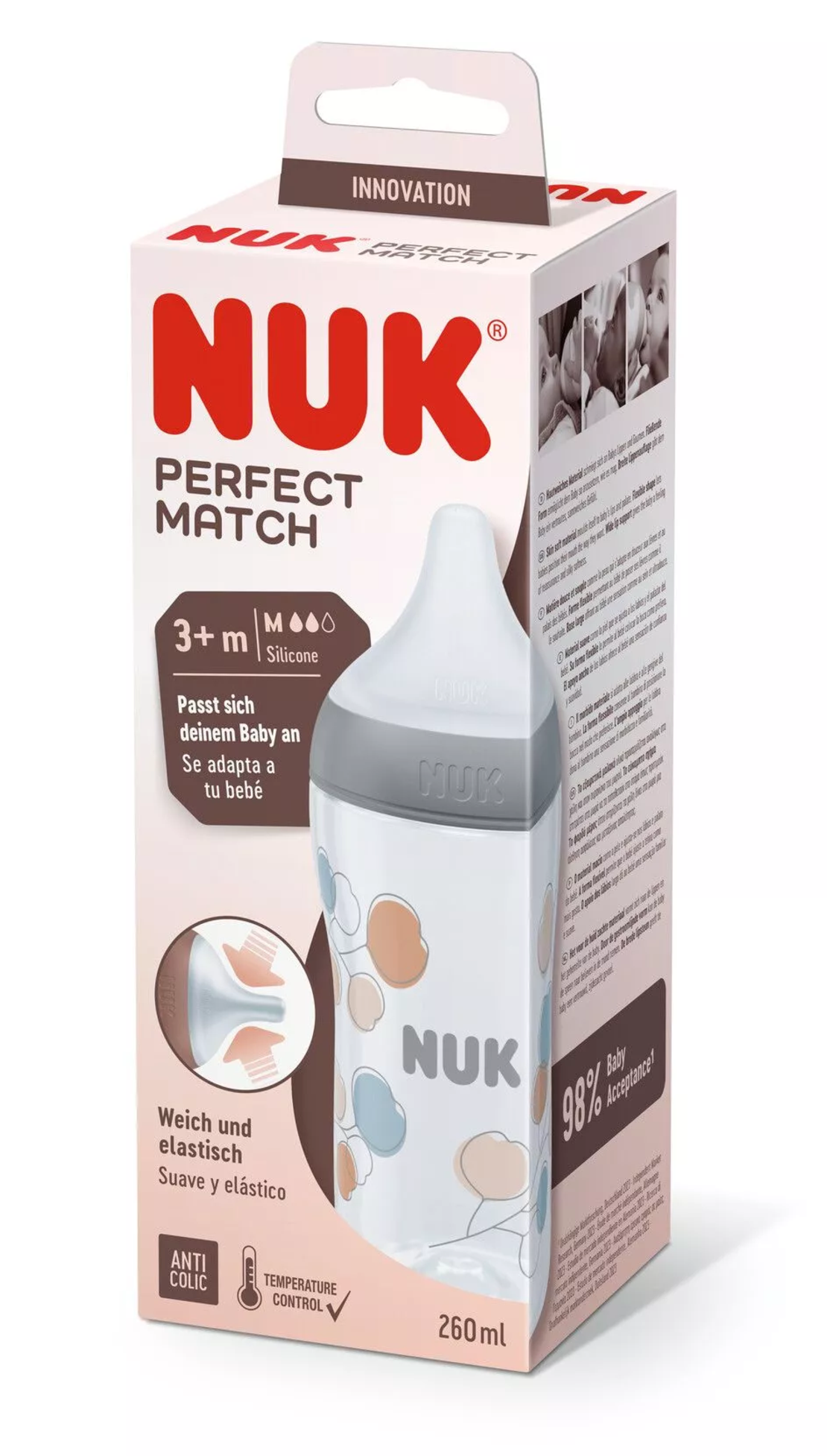 NUK Perfect Match Шише РР 260мл със Силиконов Биберон за Хранене M 3+ месеца с Клонче