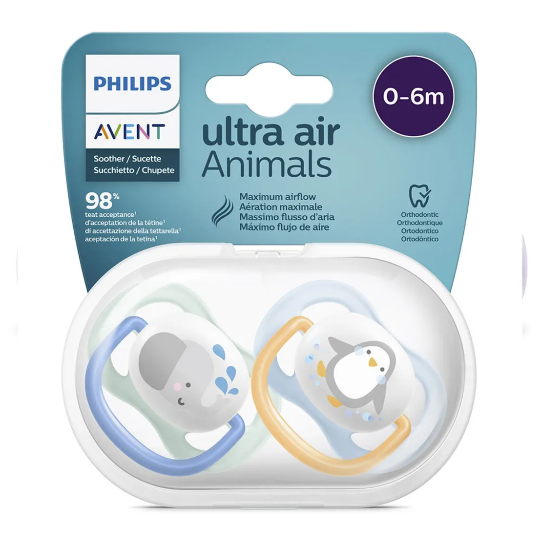 Philips AVENT SCF080/05 Комплект 2 Броя Ортодонтични Залъгалки Ultra Air Animals 0-6м+ Декорация Слон и Пингвин в Кутия за Стерилизиране