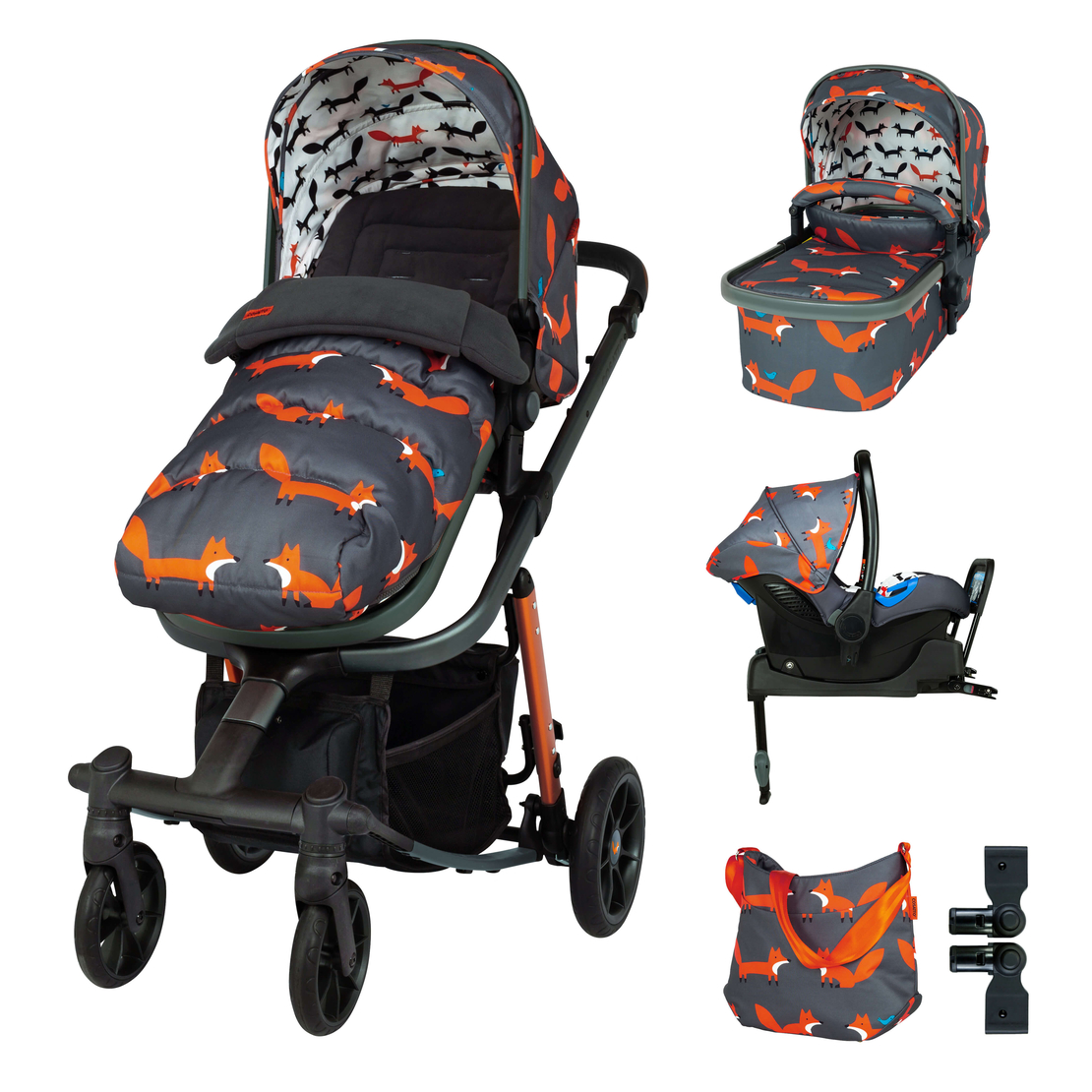 Промопакет Cosatto Giggle Quad Charcoal Mister Fox 3в1 + i-Size база и чувалче за крака