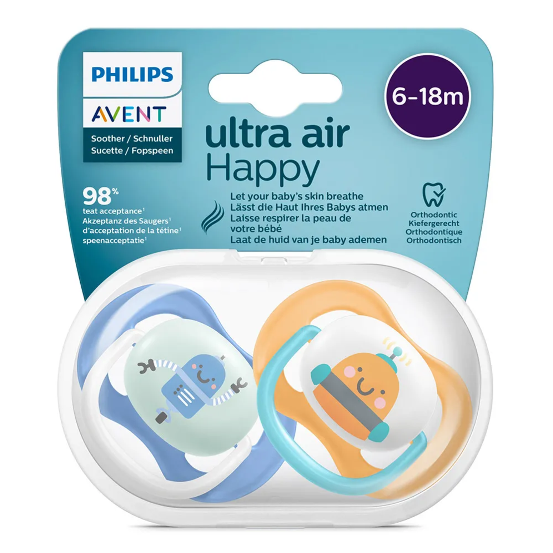 Philips AVENT SCF080/10 Комплект 2 Броя Ортодонтични Залъгалки Ultra Air Happy 6-18м+ с Декорация Роботи в Кутия за Стерилизиране