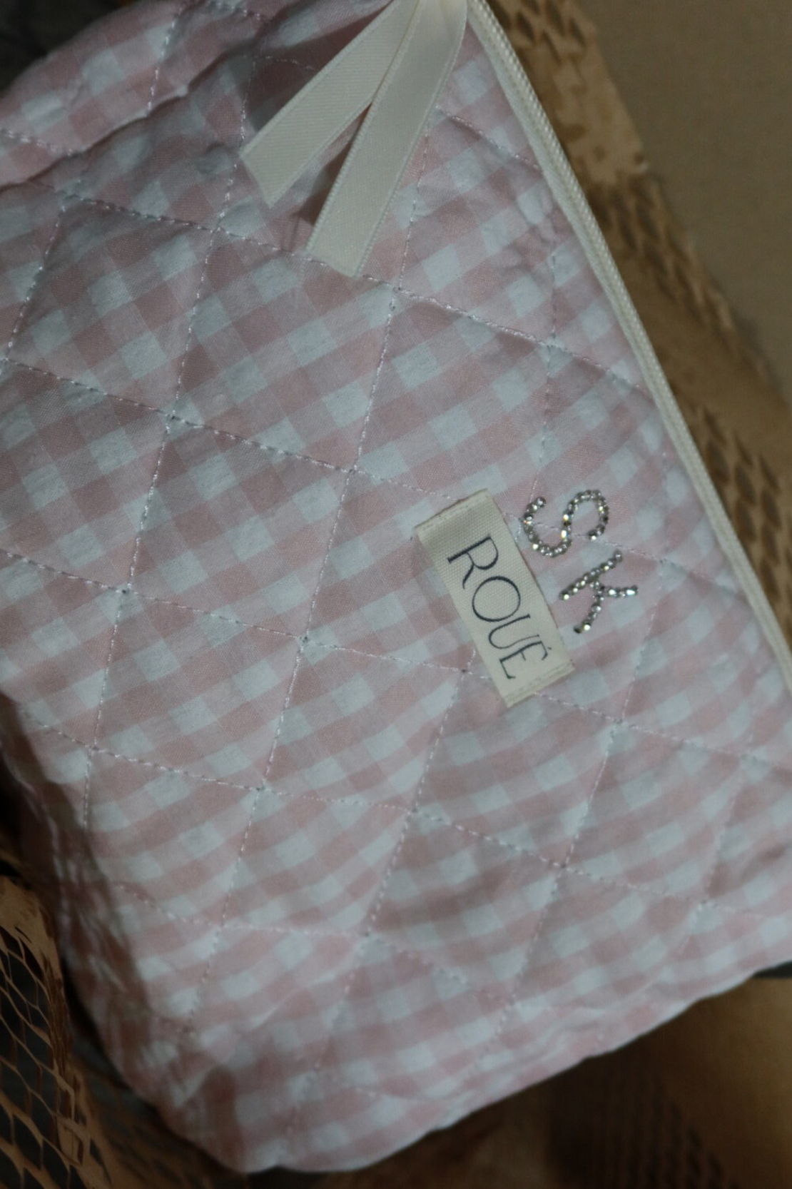 CUSTOM LARGE ROSÉ GINGHAM TOILETRY BAG