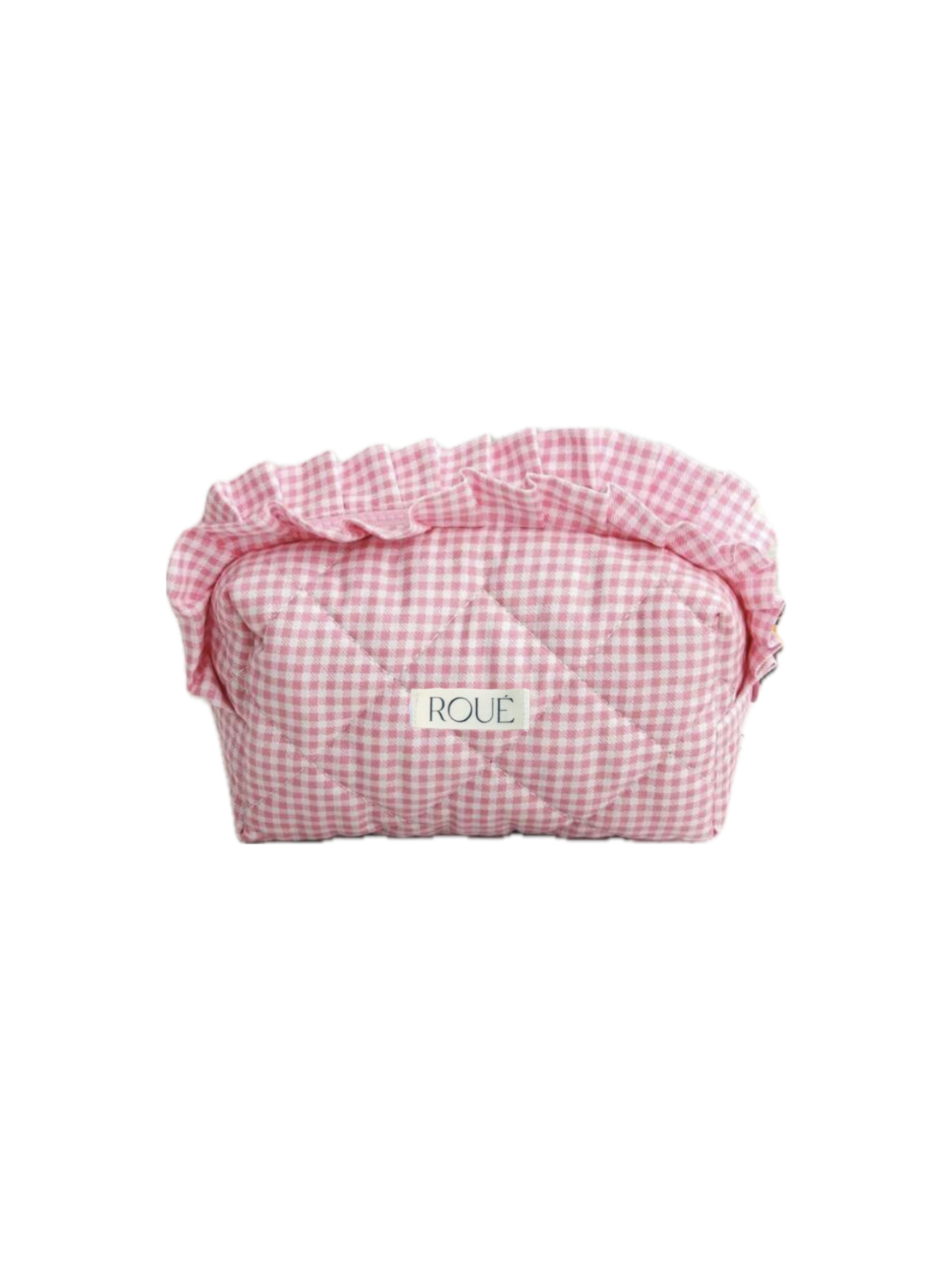 CUSTOM SMALL RUFFLES PETIT GINGHAM TOILETRY BAG IN FUSCIA