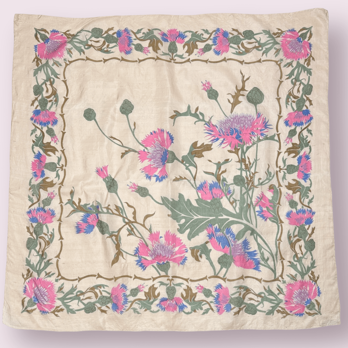 Handmade floral print silk scarf 89x89 cm