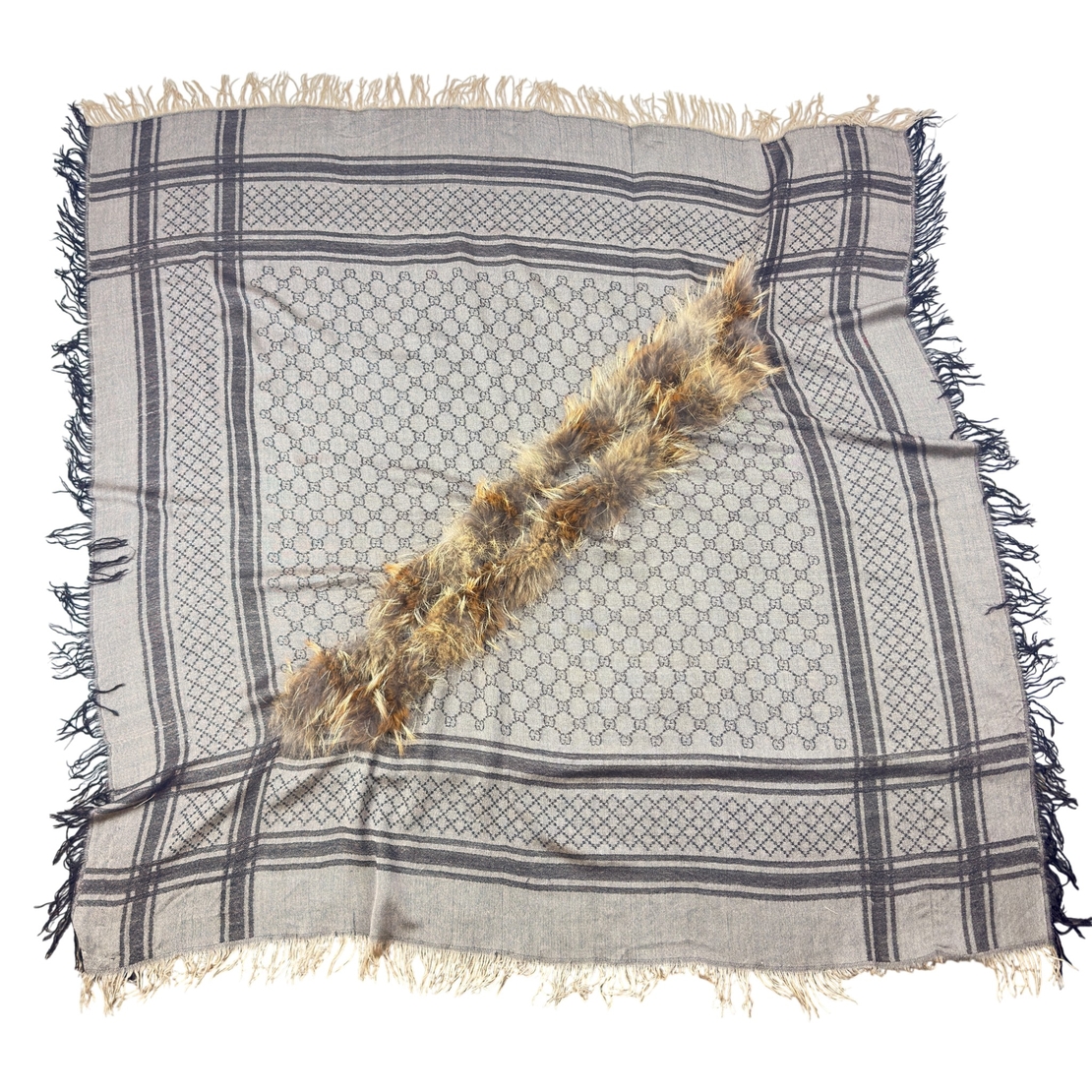 Gucci Fox Fur Wool Silk Scarf stole poncho GG monogram 124x130