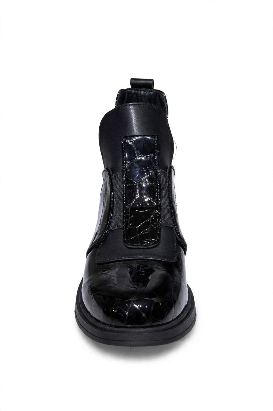 Women's elegant ankle boots / genuine leather / 720-24 / black croc-embossed patent leather