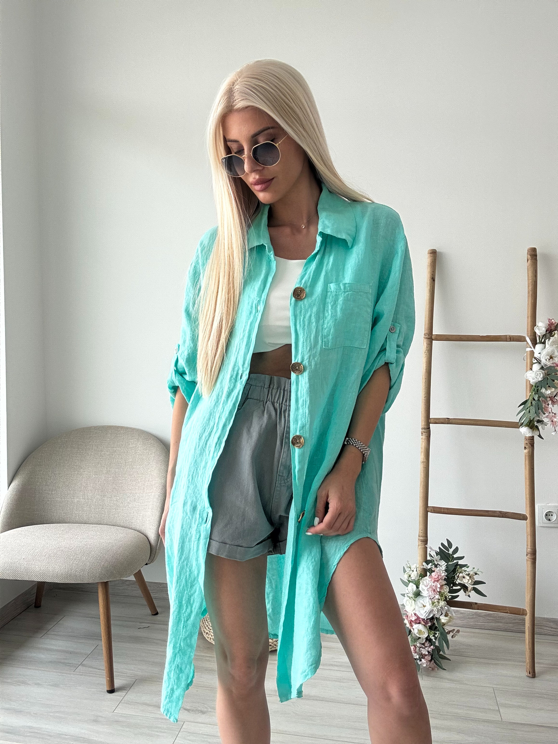 Ленена дълга риза тюркоаз