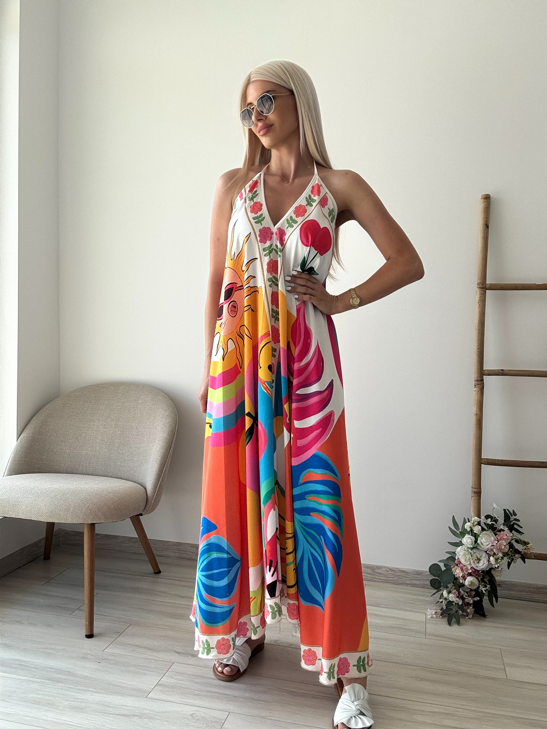 Шарена сатенена рокля оранж