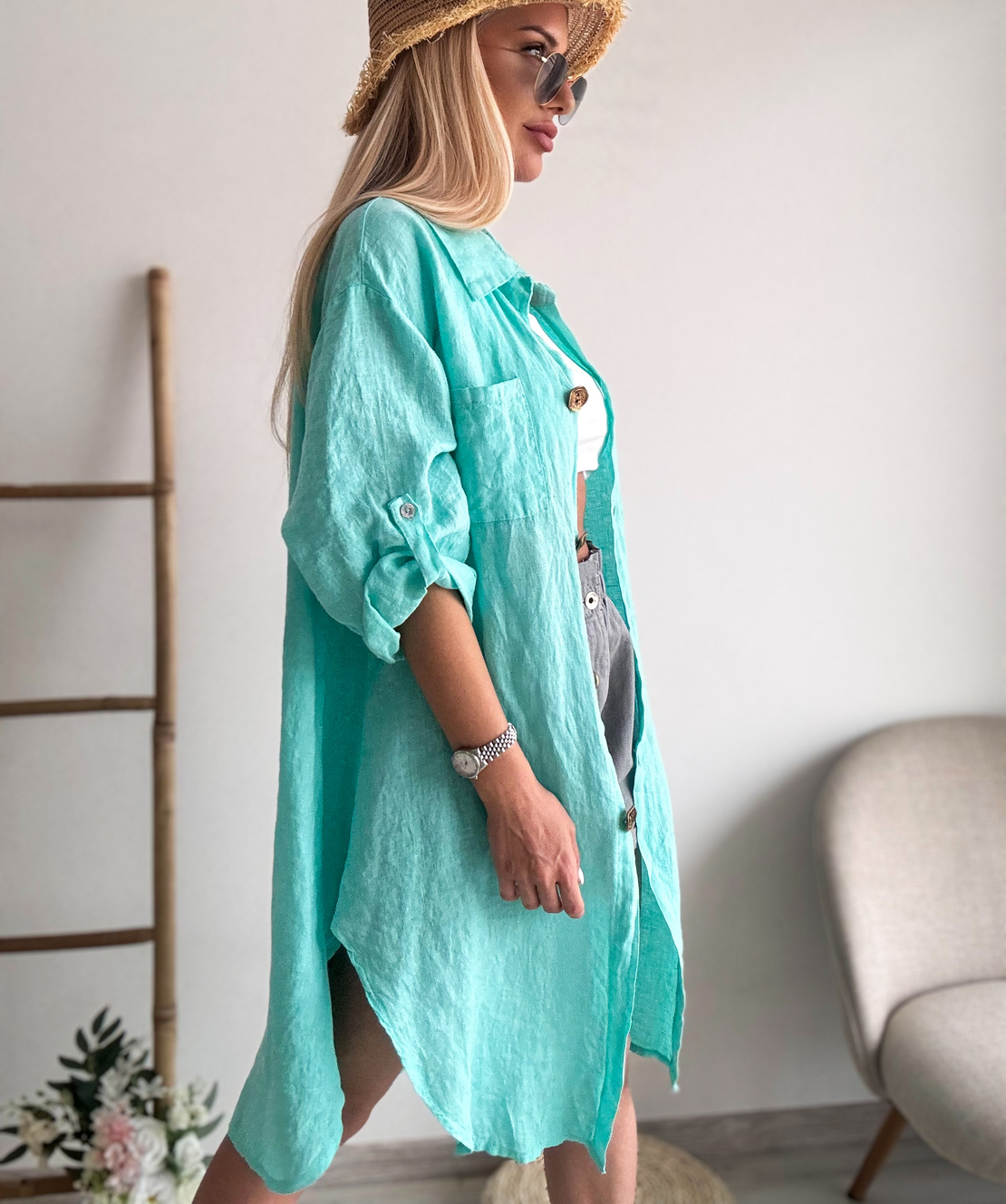 Ленена дълга риза тюркоаз