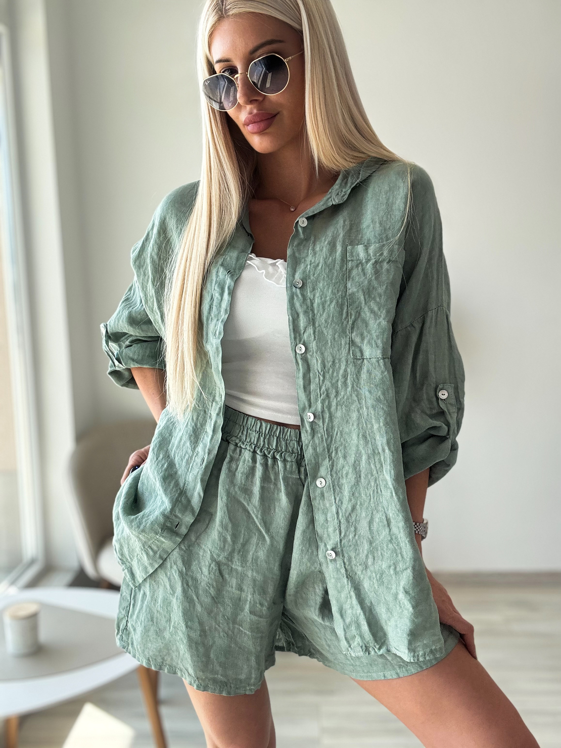 Зелен ленен сет с риза