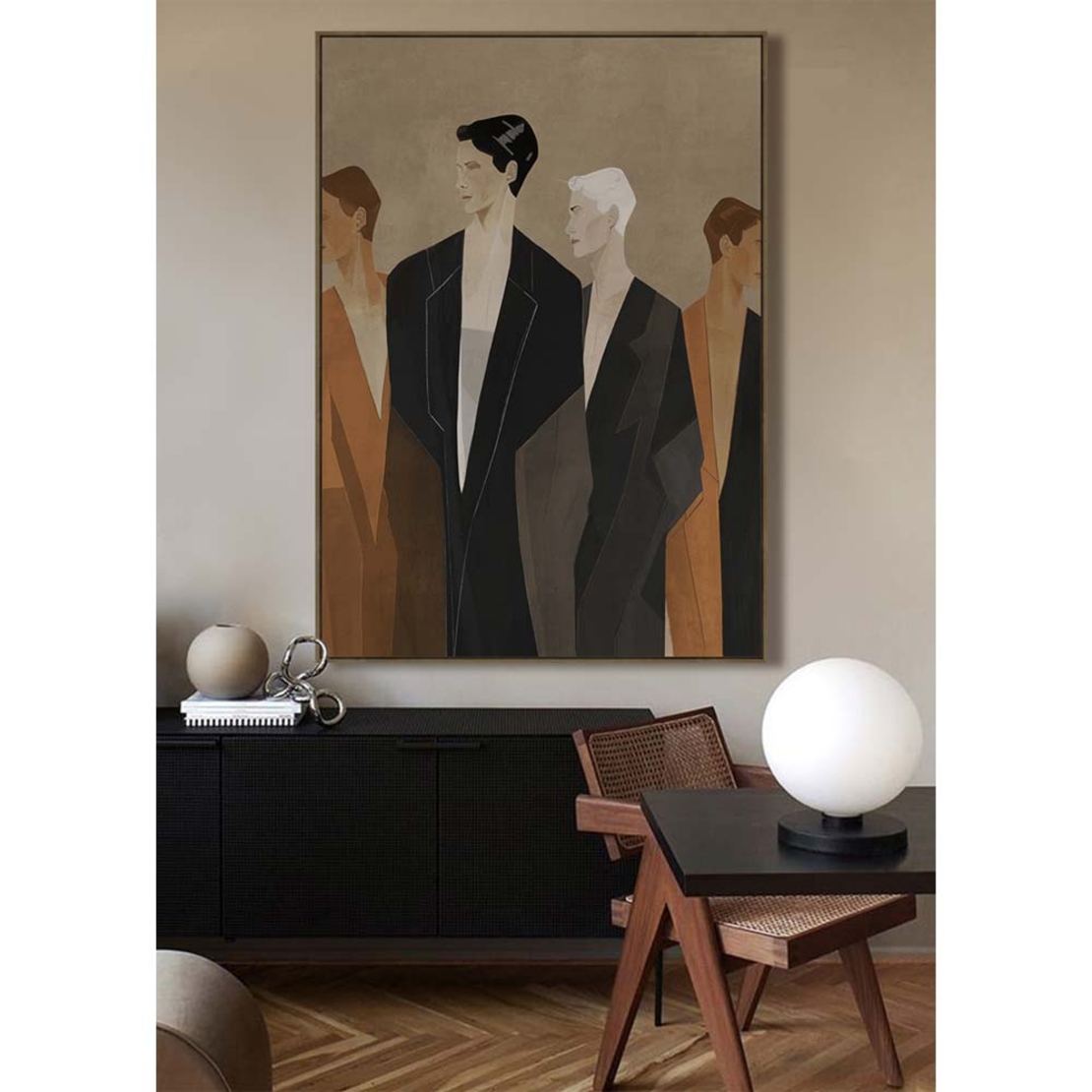 HUMAN FLOW PAINTING DECORATIVE WITH FRAME 80x120x4 CANVAS BROWN BEIGE PP BLACK
