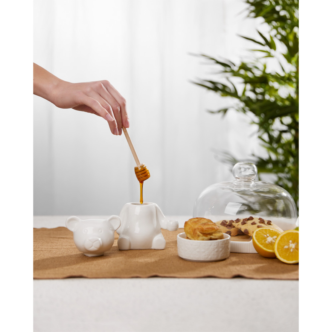 CURVE STORAGE JAR HONEY POT PORCELAIN BAMBOO WH