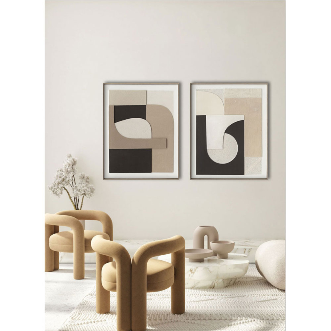 HORM PAINTING DECORATIVE 80x100x5 CANVAS WHITE BEIGE BLACK WOOD NATURAL