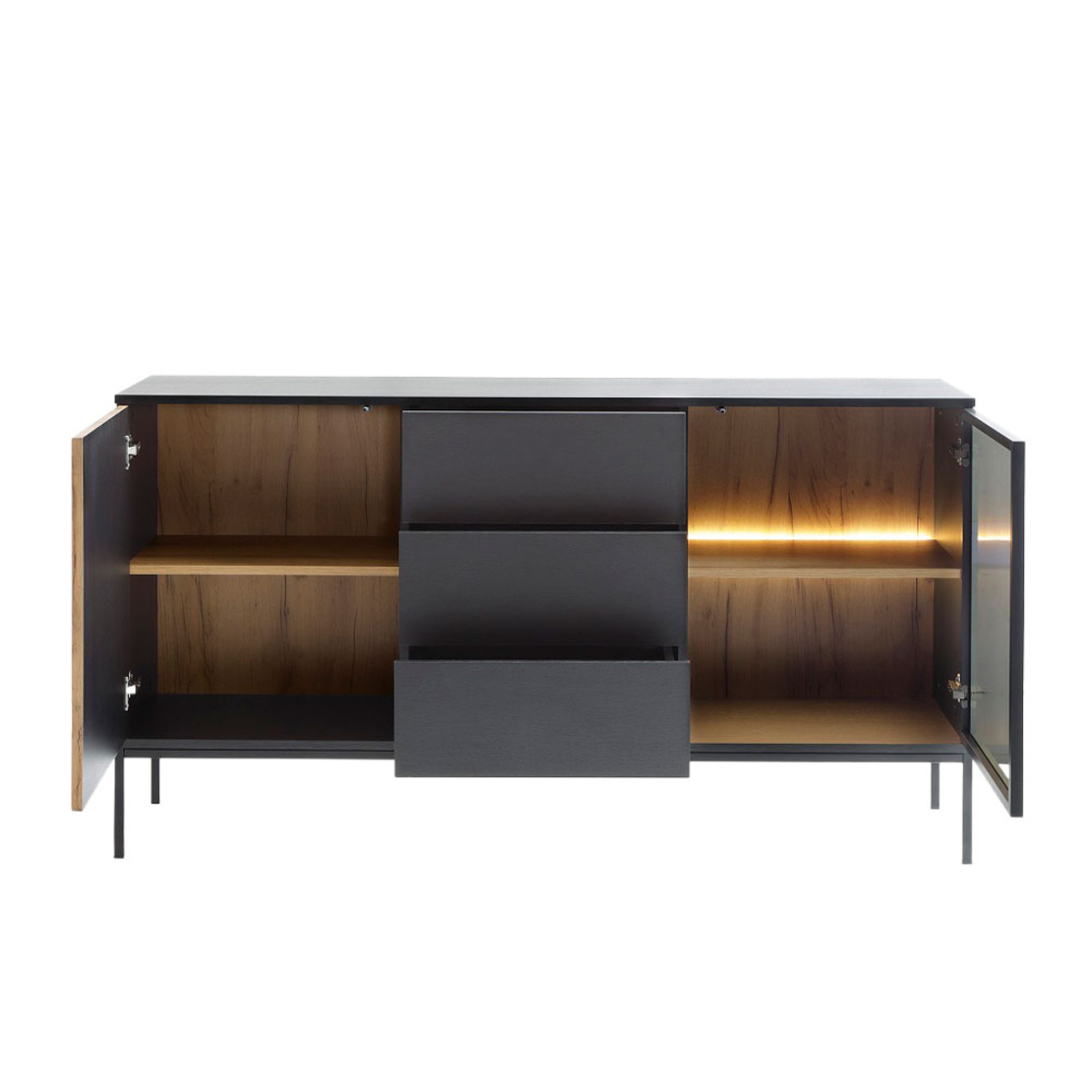 MYSTERY SIDEBOARD 2DOORS 3DRAWERS MELAMINE NATURAL DARK BLACK METAL 154x39x83 E1 PR