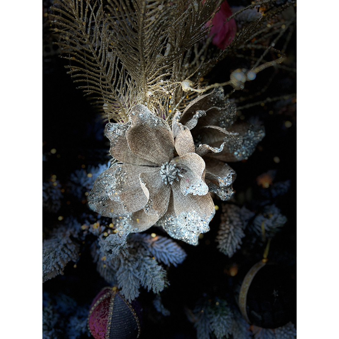 XMAS ANTHUR FLOWER POLYESTER BEIGE SILVER D40cm PR