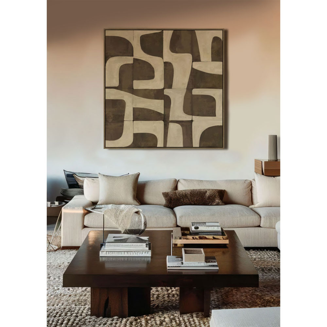 BOHO BALANCE PAINTING DECORATIVE WITH FRAME 80x80x4 CANVAS BROWN BEIGE PP