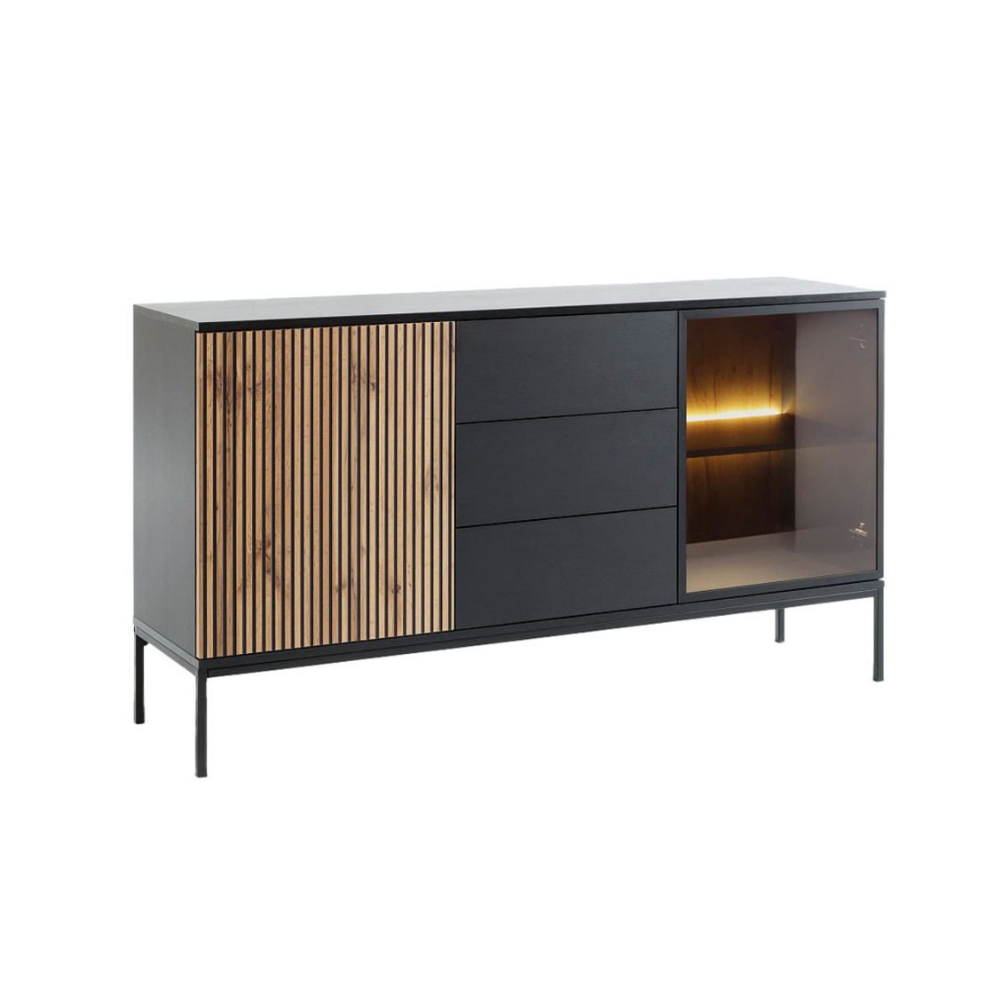 MYSTERY SIDEBOARD 2DOORS 3DRAWERS MELAMINE NATURAL DARK BLACK METAL 154x39x83 E1 PR
