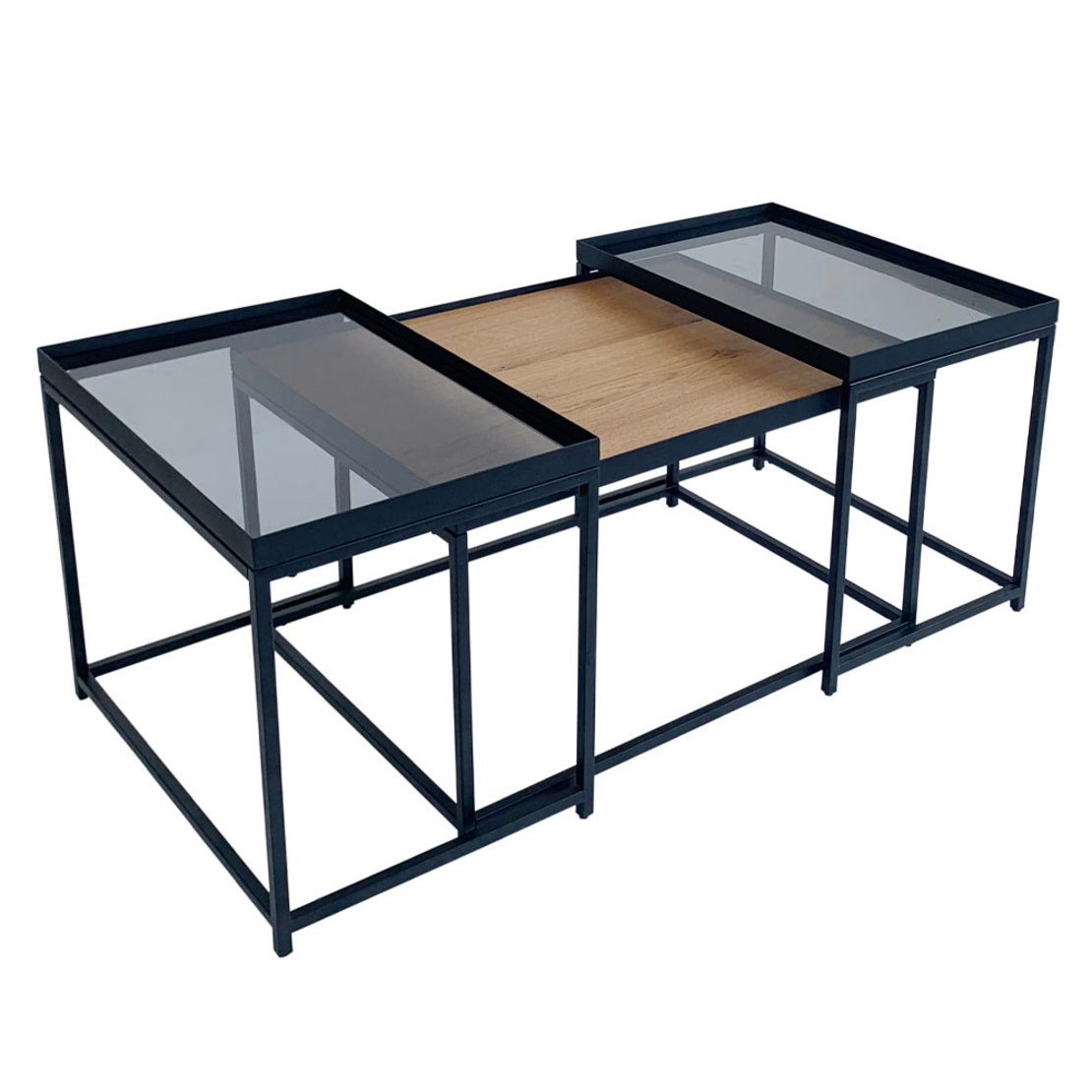 HARMONICA COFFEE TABLE SET 3PCS TEMPERED GLASS NATURAL SMOKE VENEER ΟΑΚ BLACK 75x55xH44cm E1 PRC