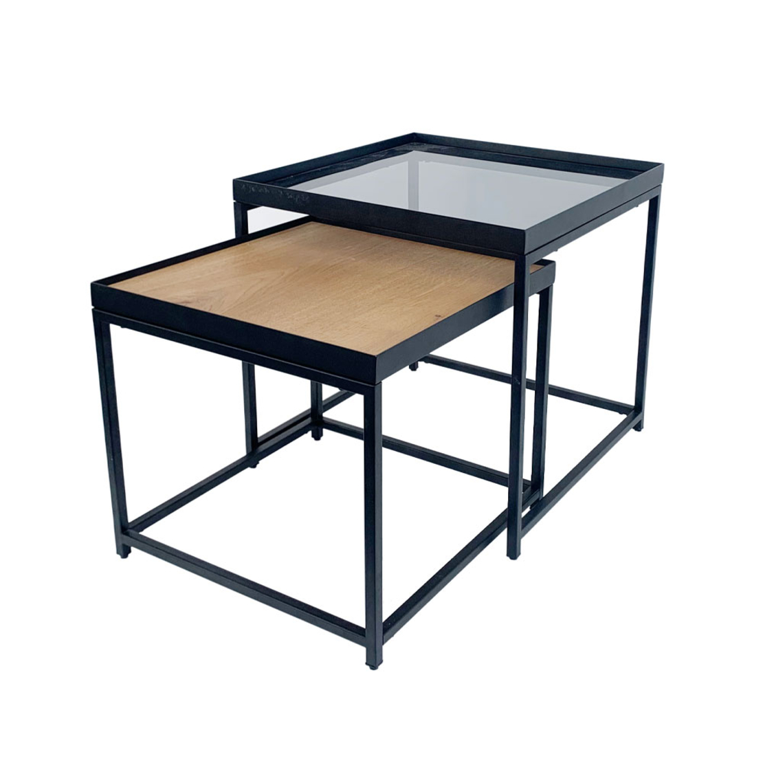 HARMONICA SIDE TABLE SET 2PCS TEMPERED GLASS NATURAL SMOKE VENEER ΟΑΚ BLACK 50x50xH49cm E1 PRC