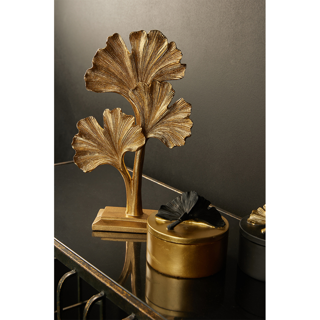 LEAF BLACK BOX STORAGE POLYRESIN GOLD BLACK D11xH9