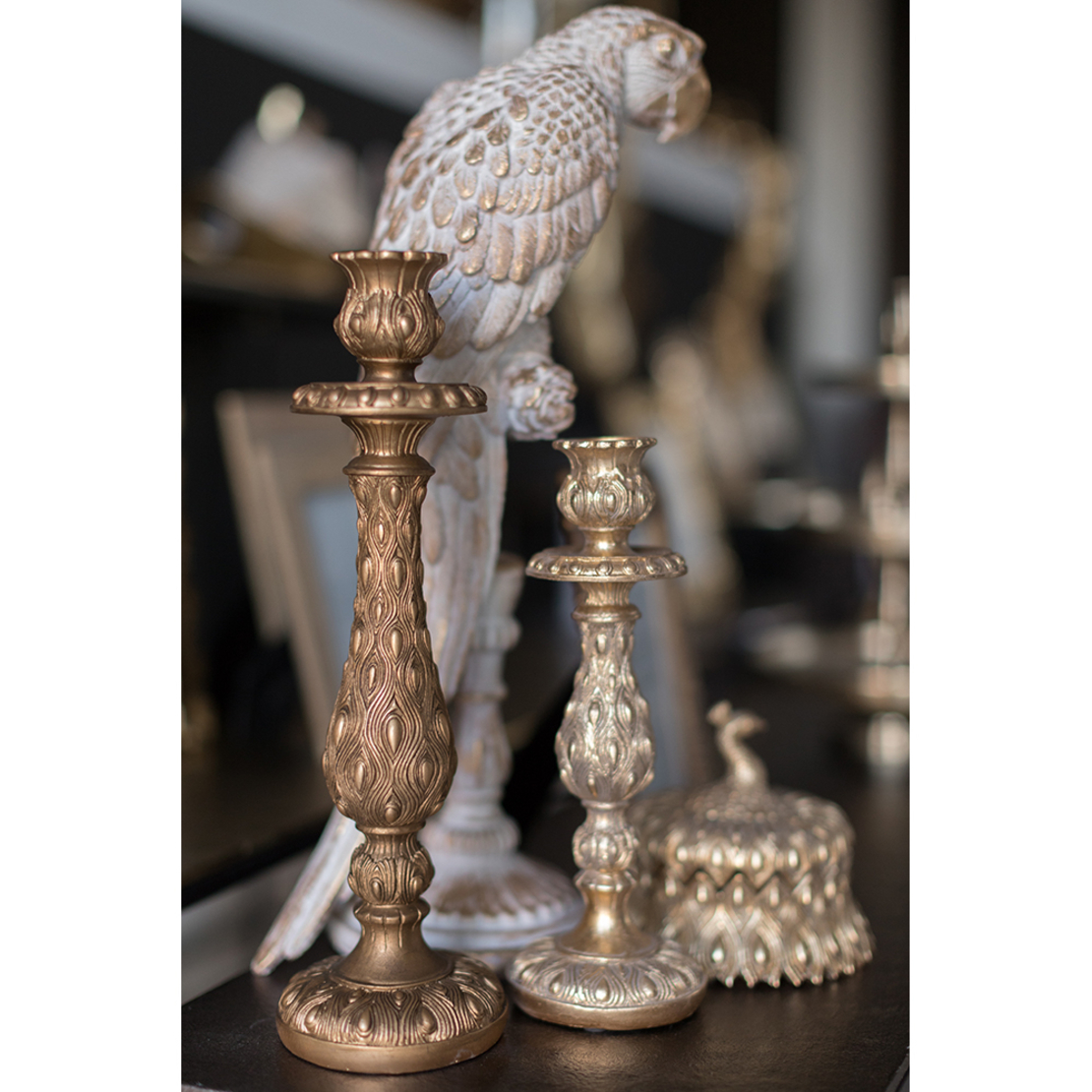 PEACOCK CANDLE HOLDER POLYRESIN GOLD ANTIQUE 8,8x0
