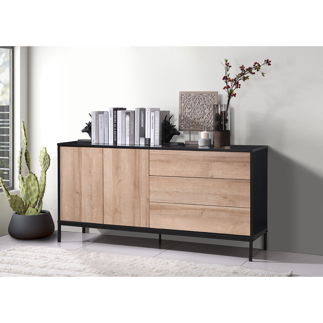 BLACKBIRD SIDEBOARD 2DOORS 3DRAWERS CHIPBOARD WITH MELAMINE CARTA RIVIERA OAK BLACK METAL 150x40xH75,5cm MY