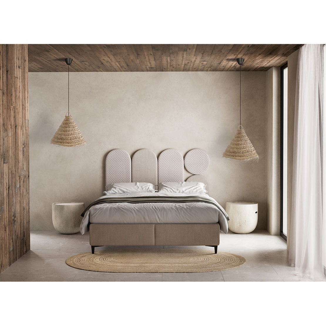 ABSTRACT BED WITH STORAGE (FOR MATTRESS 160x200cm) CHENILLE BEIGE WITH PATTERN E1 TR