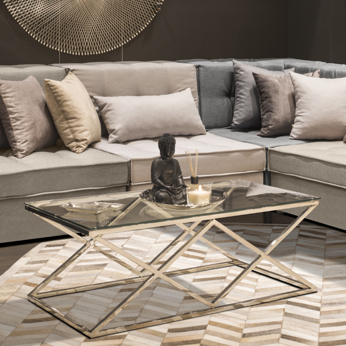 CONOR COFFEE TABLE METAL SILVER GLASS TRANSPARENT 120x60xH45cm PRC