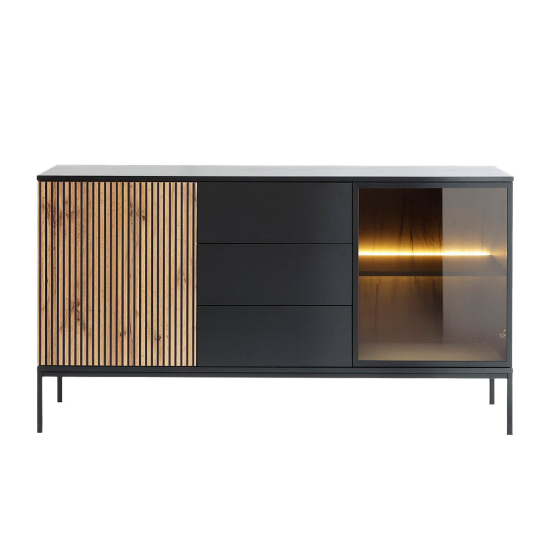 MYSTERY SIDEBOARD 2DOORS 3DRAWERS MELAMINE NATURAL DARK BLACK METAL 154x39x83 E1 PR