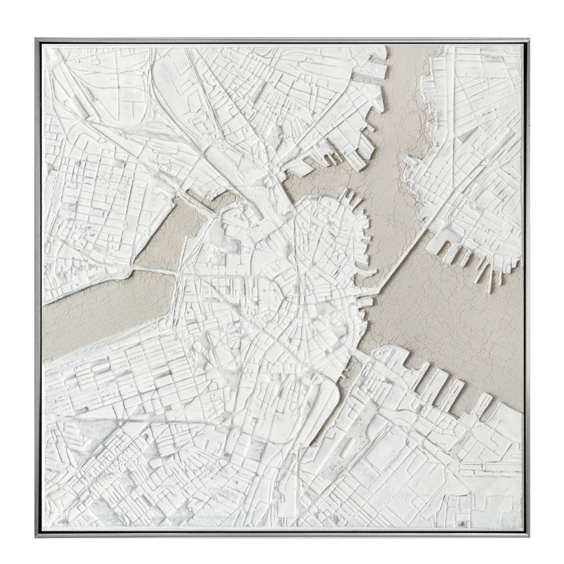 MAP PAINTING CANVAS WHITE BEIGE WOOD FRAME SILVER