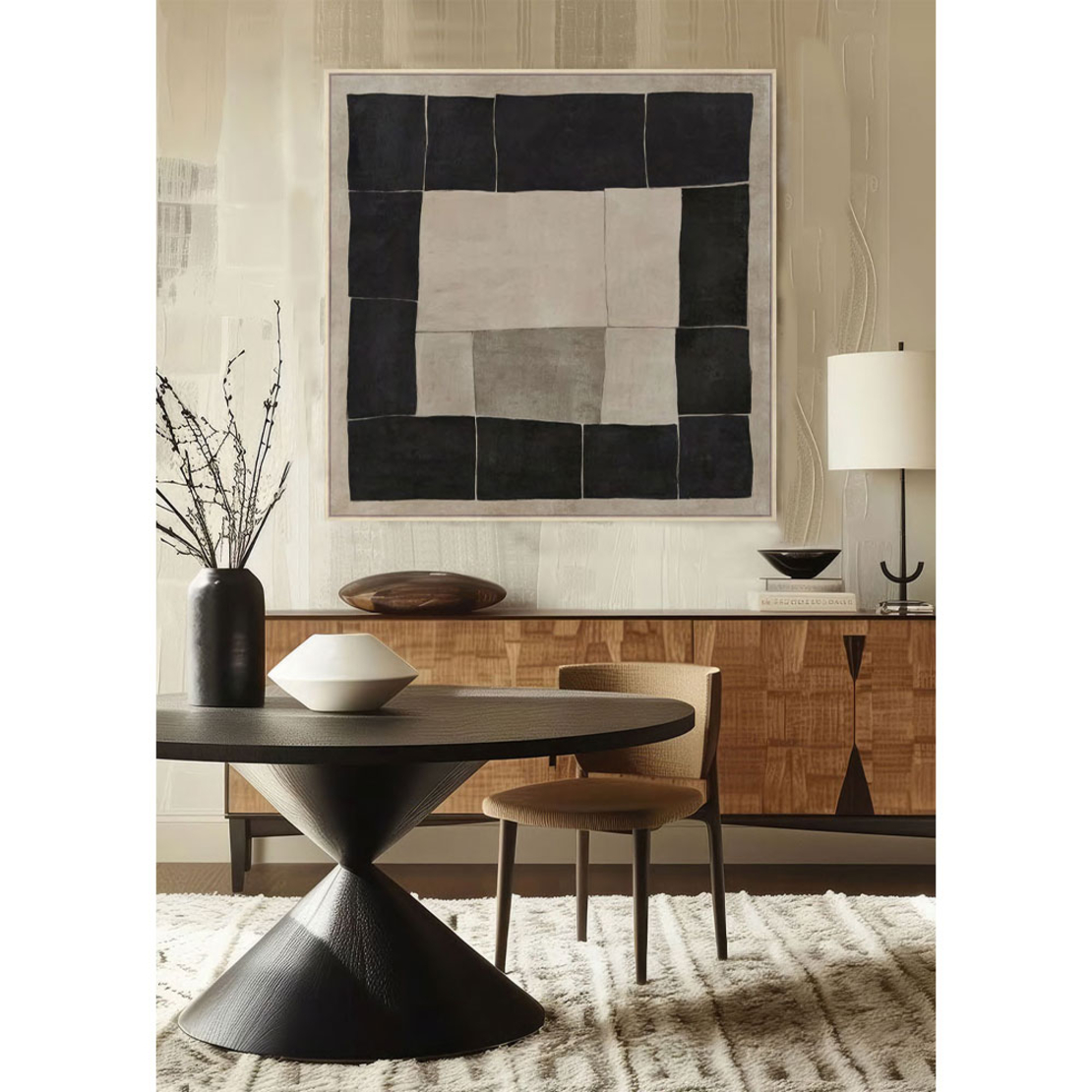 MYSTIC SQUARES PAINTING DECORATIVE WITH FRAME 100x100x4 CANVAS BEIGE BLACK WOOD