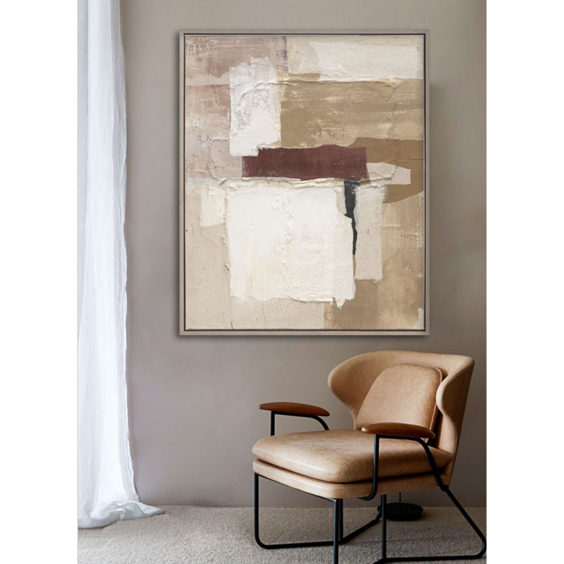 EMBRACE THE HAPPINESS PAINTING DECORATIVE 80x100x5 CANVAS BEIGE TERRACOTTA WOOD NATURAL