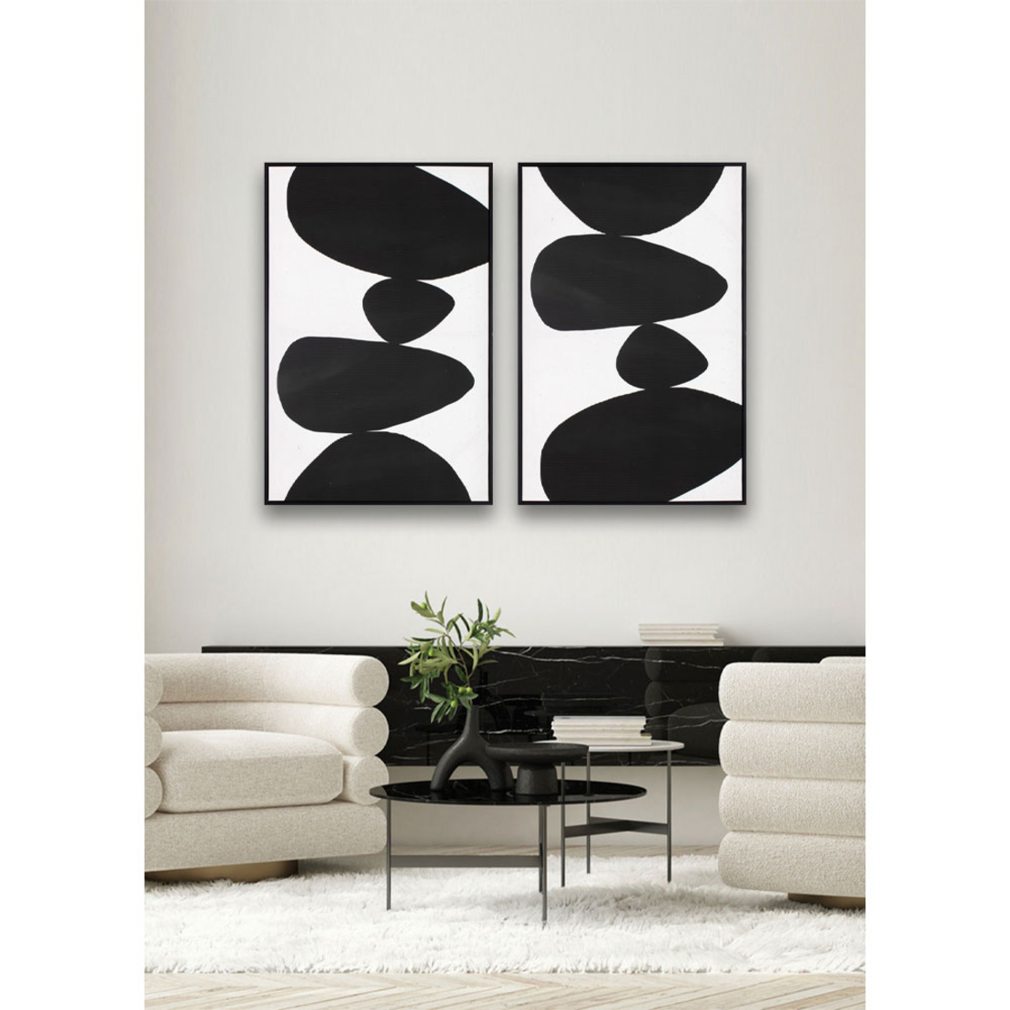 TREMBLING STONE PAINTING DECORATIVE 60x90x4 CANVAS WHITE BLACK WOOD BLACK