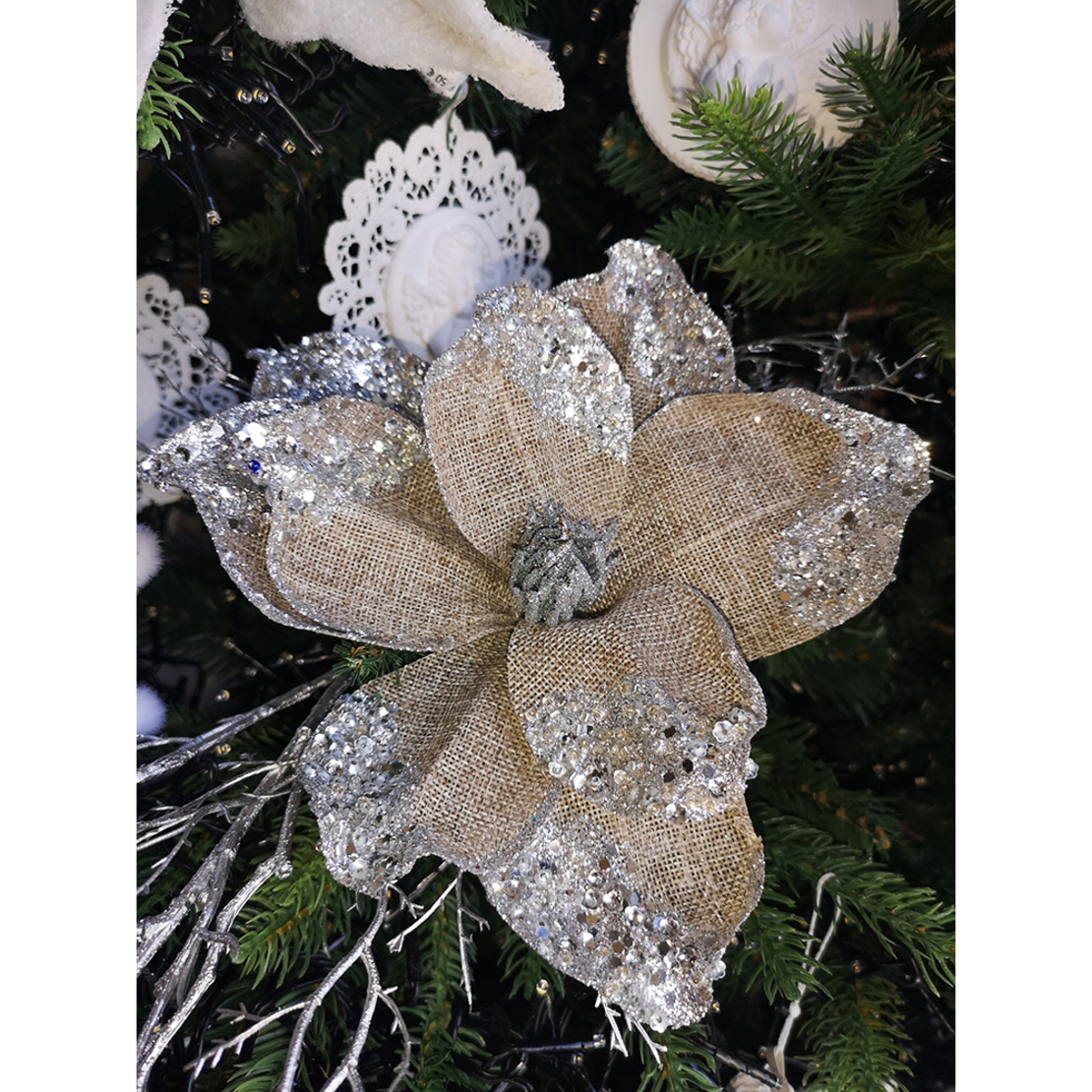 XMAS ANTHUR FLOWER POLYESTER BEIGE SILVER D40cm PR
