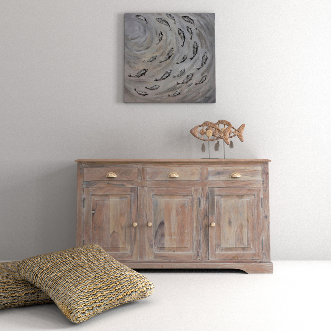 PISCES PAINTING CANVAS GREY SILVER WOOD 80x80xH3,5