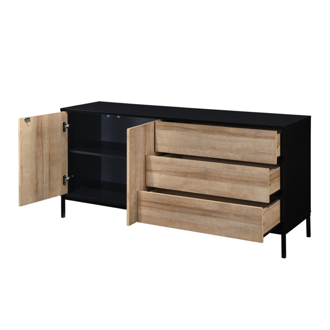 BLACKBIRD SIDEBOARD 2DOORS 3DRAWERS CHIPBOARD WITH MELAMINE CARTA RIVIERA OAK BLACK METAL 150x40xH75,5cm MY