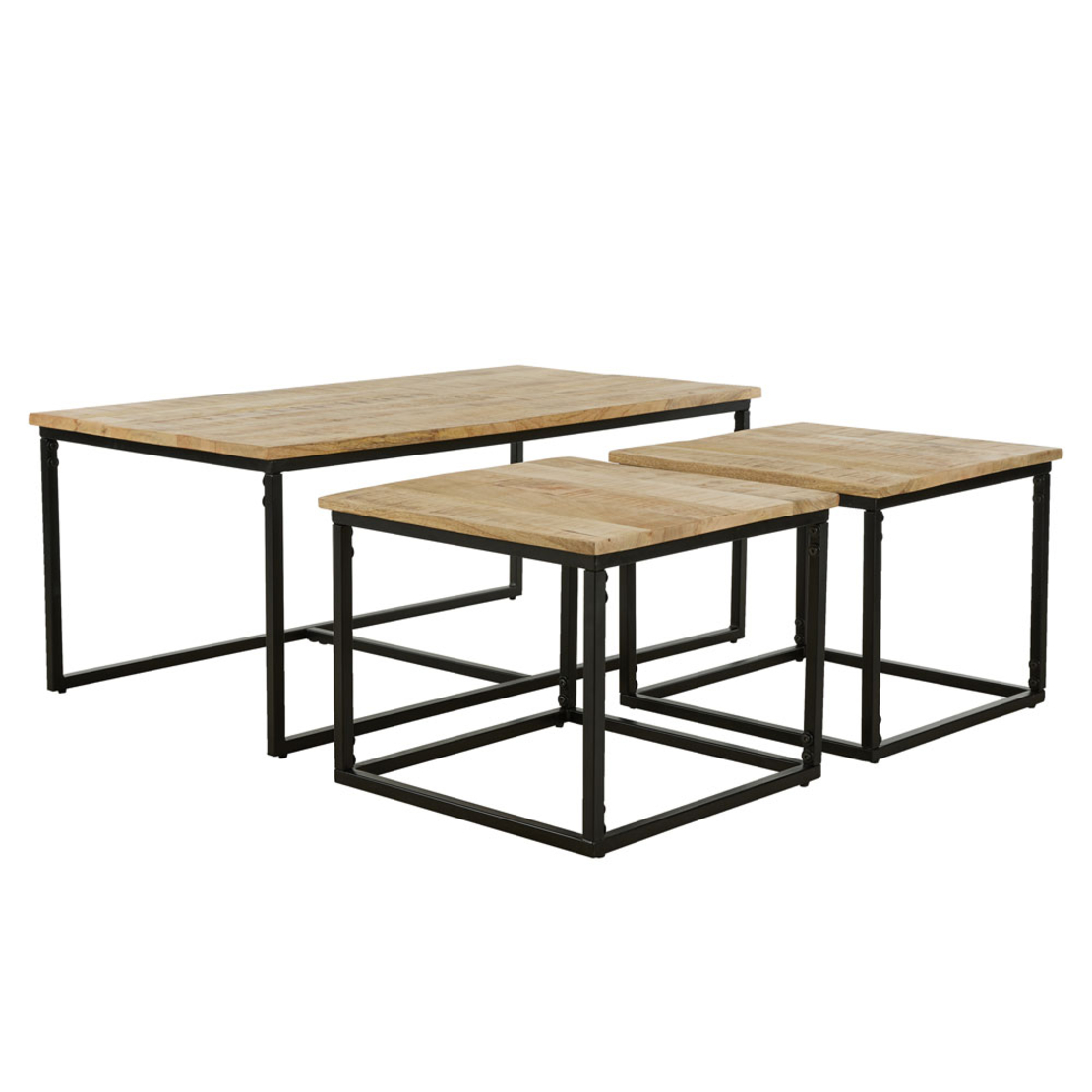 QUADRO COFFEE TABLE SET 3PCS WOOD MANGO NATURAL ROUGH METAL BLACK 110x60xH45cm IN