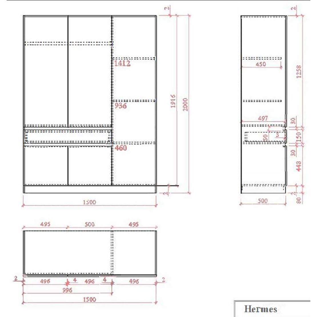 HERMES WARDROBE 3DOORS 1DRAWER MELAMINE ARTISAN OAK 150x52xH200cm E1 EU