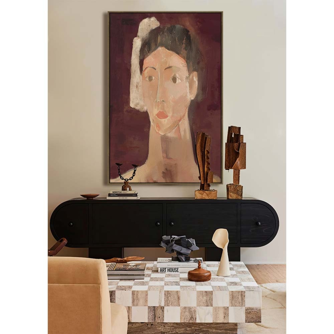 ETERNAL GAZE PAINTING DECORATIVE WITH FRAME 80x120x4 CANVAS BORDEAUX BEIGE PP