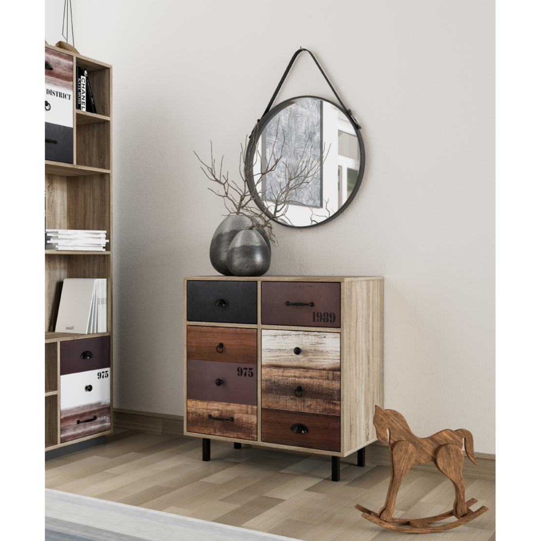 NUMBER COMMODE 2DOORS 2DRAWERS CHIPBOARD WITH MELAMINE CARTA SONOMA METAL WHITE GREY BLACK E1 PRC