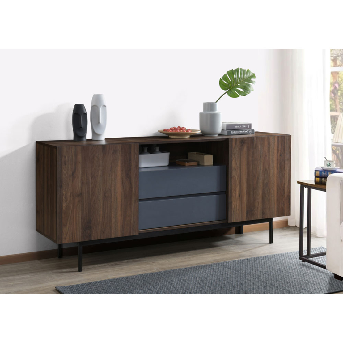 GROOVES SIDEBOARD 2DOORS 2DRAWERS CHIPBOARD WITH MELAMINE CARTA WALNUT GREY METAL 180x40xH80cm MY