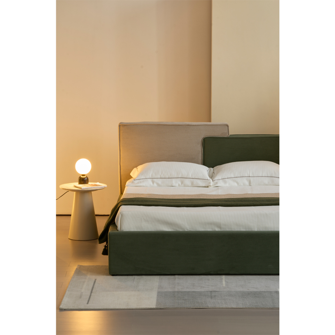 PUZZLE BED (FOR MATTRESS 160x200cm) FABRIC OLIVE GREEN METAL BEIGE E1 PRC