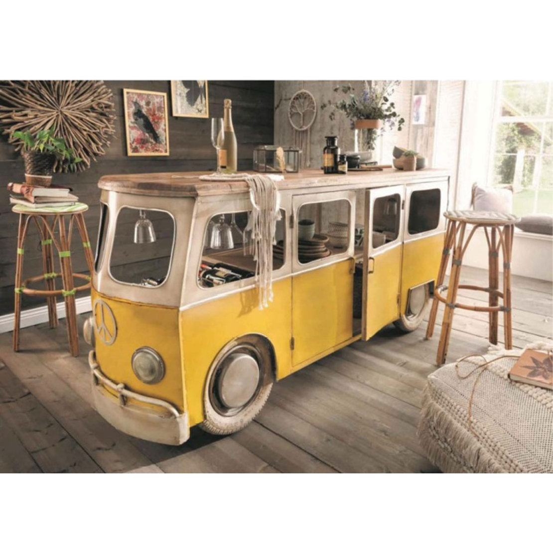 PEACE VAN CONSOLE BAR METAL YELLOW WHITE WOOD MANGO 221x62xH97cm IN